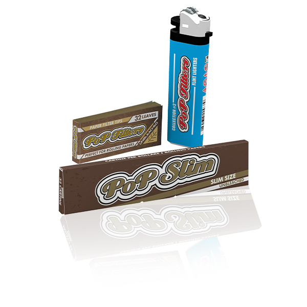 Kit cartina slim Unbleached + filtro carta unbleached + accendino PoP Filters