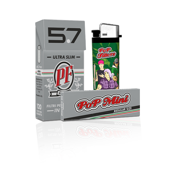 PoP mini Silver + astuccio filtri ultra slim 5,7mm + accendino PoP filters